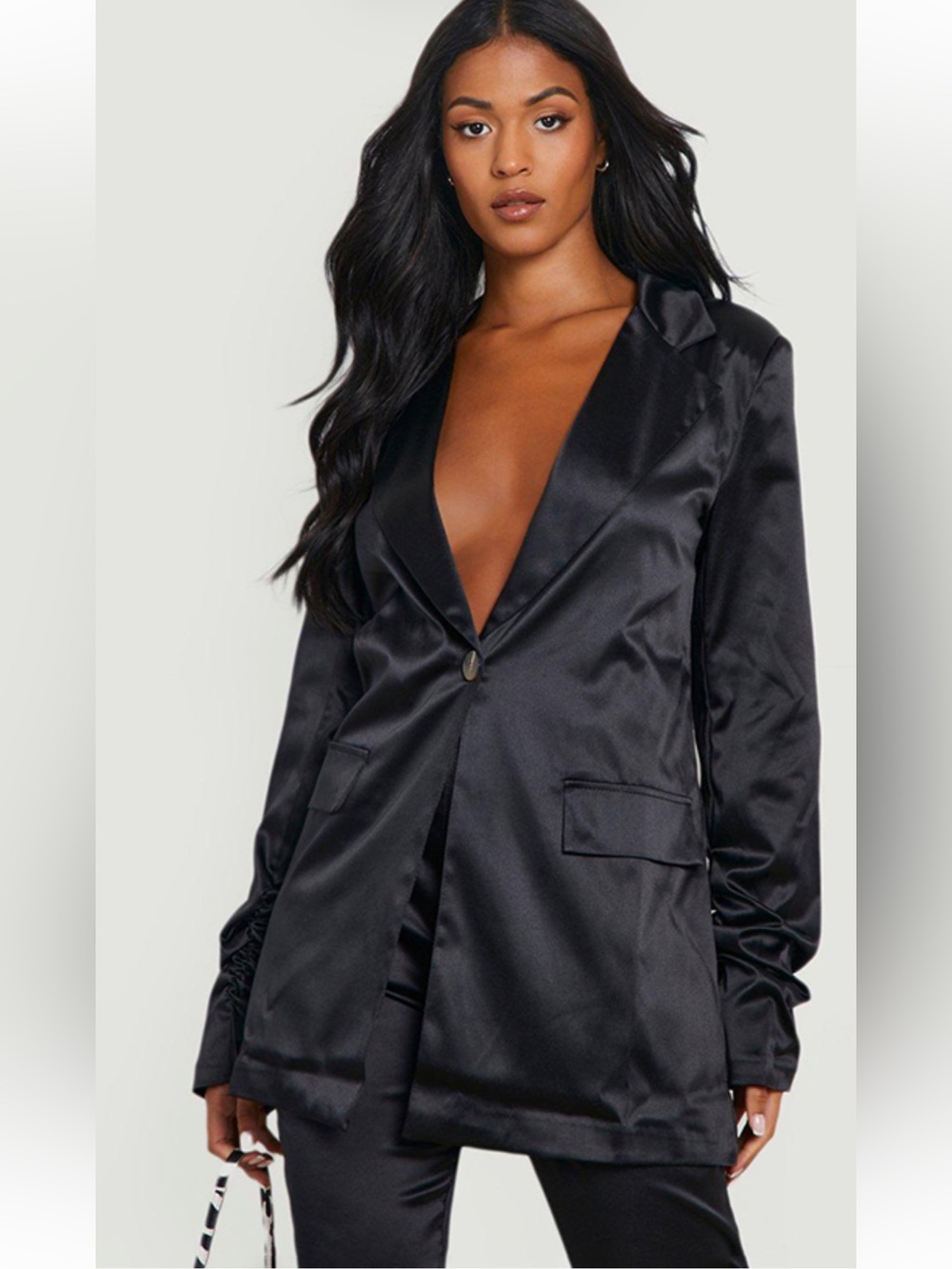 Boohoo Black Satin Single-Button Blazer Jacket Oversized Size 12